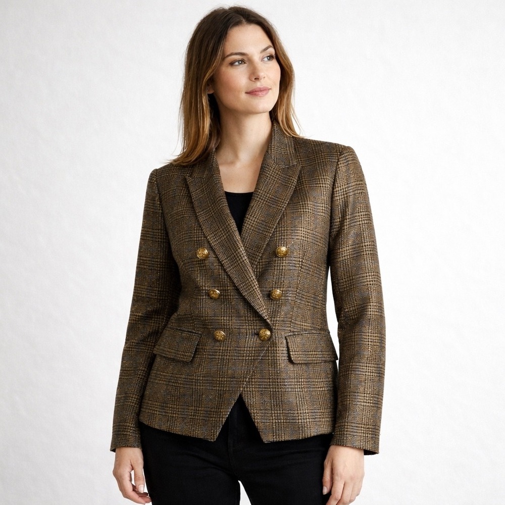 New Nine West Double Breasted Plaid Blazer Gold Multi Women's L Preppy Shimmer